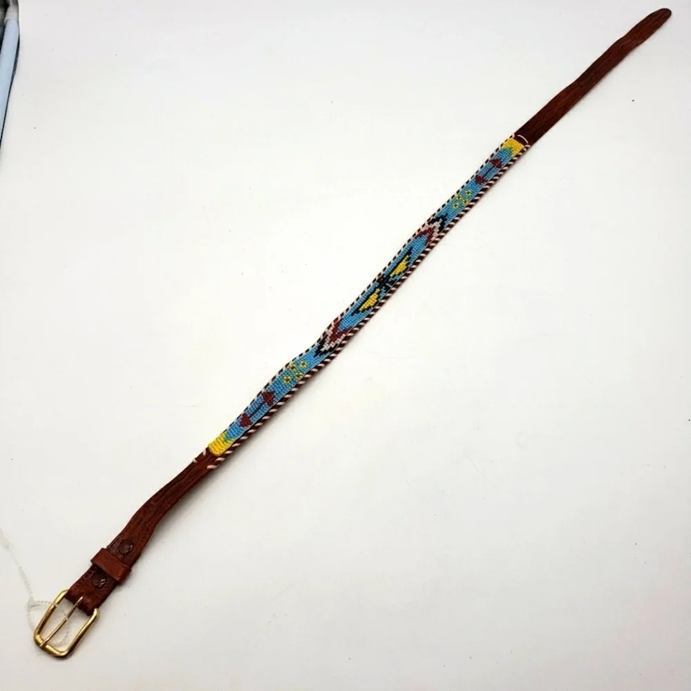 Vintage Handmade women US 26 brown belt multi bead tooled leather Native America